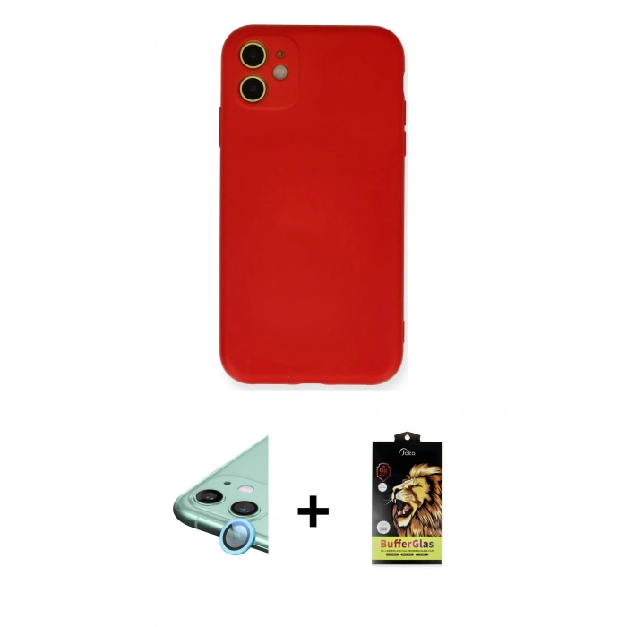 MARSİLYAN™- iPhone 11 Kılıf Ahenk Serisi - Siyah Buffer Cam Ekran Koruyucu + Raze Metal Kamera Lens - MI