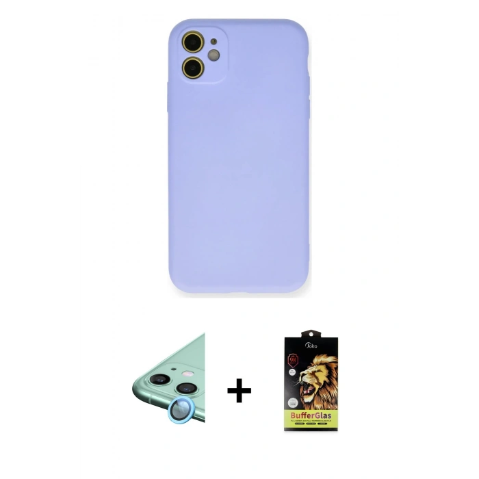 MARSİLYAN™- iPhone 11 Kılıf Ahenk Serisi - Siyah Buffer Cam Ekran Koruyucu + Raze Metal Kamera Lens - MI