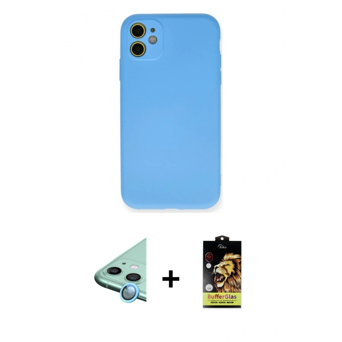 MARSİLYAN™- iPhone 11 Kılıf Ahenk Serisi - Siyah Buffer Cam Ekran Koruyucu + Raze Metal Kamera Lens - MI