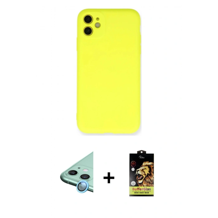 MARSİLYAN™- iPhone 11 Kılıf Ahenk Serisi - Siyah Buffer Cam Ekran Koruyucu + Raze Metal Kamera Lens - MI