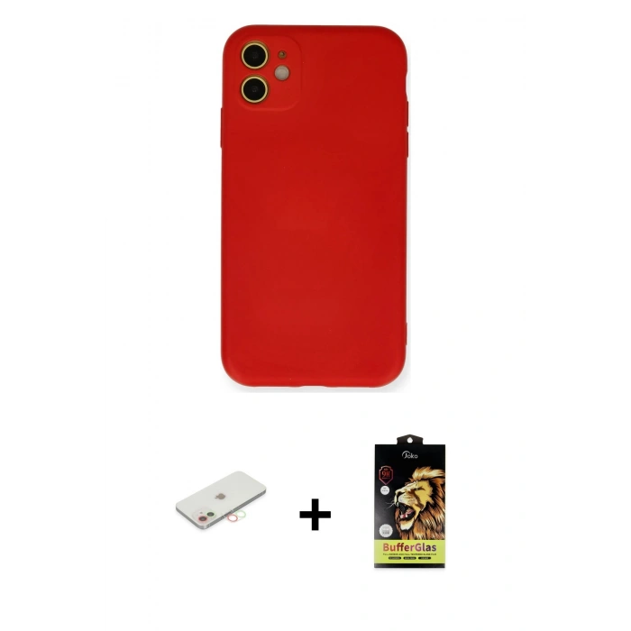MARSİLYAN™- iPhone 11 Kılıf Ahenk Serisi - Siyah Buffer Cam Ekran Koruyucu + Renkli Kamera Lens Koruma Cam - YL