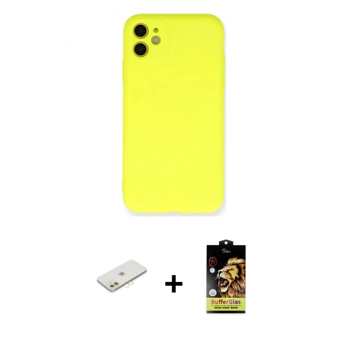 MARSİLYAN™- iPhone 11 Kılıf Ahenk Serisi - Siyah Buffer Cam Ekran Koruyucu + Renkli Kamera Lens Koruma Cam - TU