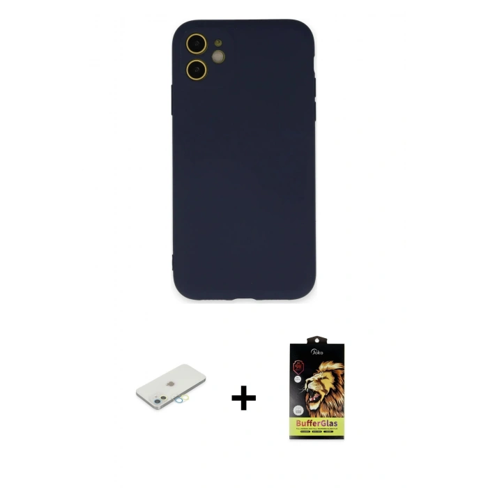 MARSİLYAN™- iPhone 11 Kılıf Ahenk Serisi - Siyah Buffer Cam Ekran Koruyucu + Renkli Kamera Lens Koruma Cam - SI
