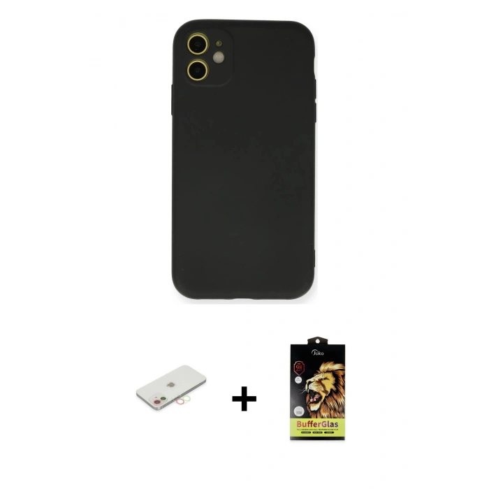 MARSİLYAN™- iPhone 11 Kılıf Ahenk Serisi - Siyah Buffer Cam Ekran Koruyucu + Renkli Kamera Lens Koruma Cam - YL