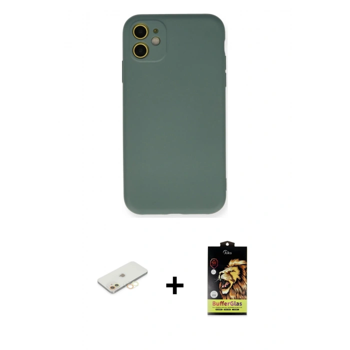 MARSİLYAN™- iPhone 11 Kılıf Ahenk Serisi - Siyah Buffer Cam Ekran Koruyucu + Sarı Renkli Kamera Lens Koruma Cam