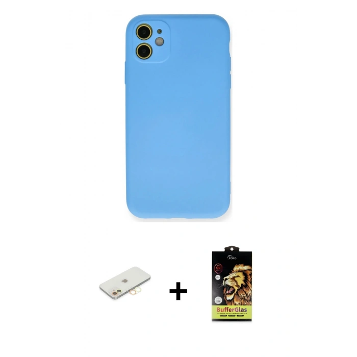 MARSİLYAN™- iPhone 11 Kılıf Ahenk Serisi - Siyah Buffer Cam Ekran Koruyucu + Sarı Renkli Kamera Lens Koruma Cam