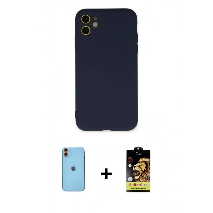 MARSİLYAN™- iPhone 11 Kılıf Ahenk Serisi - Siyah Buffer Cam Ekran Koruyucu + Turuncu Neon Fosforlu Kamera Lens