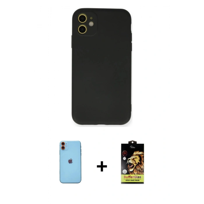 MARSİLYAN™- iPhone 11 Kılıf Ahenk Serisi - Siyah Buffer Cam Ekran Koruyucu + Turuncu Neon Fosforlu Kamera Lens