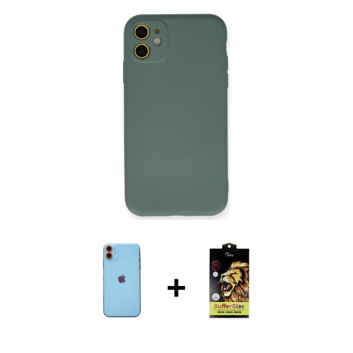 MARSİLYAN™- iPhone 11 Kılıf Ahenk Serisi - Siyah Buffer Cam Ekran Koruyucu + Turuncu Neon Fosforlu Kamera Lens