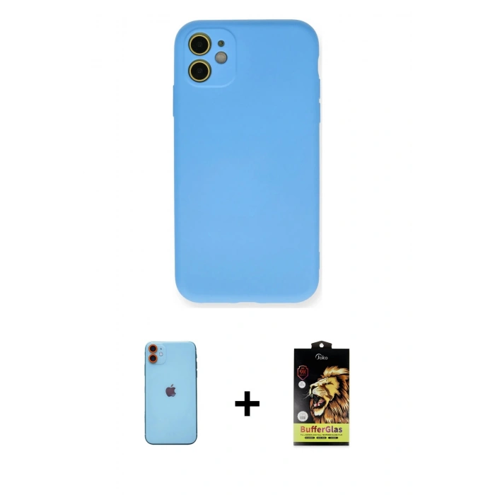 MARSİLYAN™- iPhone 11 Kılıf Ahenk Serisi - Siyah Buffer Cam Ekran Koruyucu + Turuncu Neon Fosforlu Kamera Lens