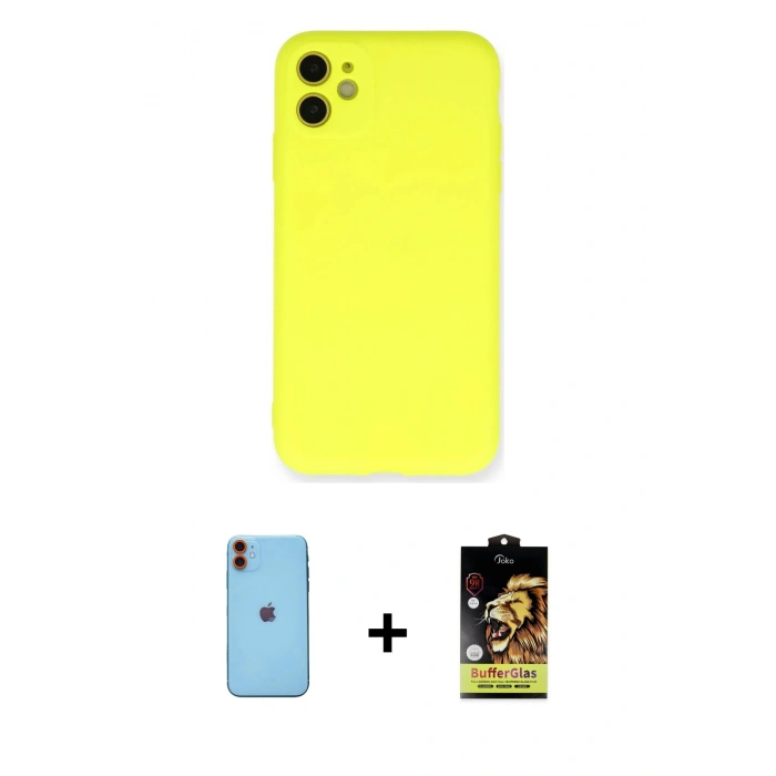 MARSİLYAN™- iPhone 11 Kılıf Ahenk Serisi - Siyah Buffer Cam Ekran Koruyucu + Turuncu Neon Fosforlu Kamera Lens