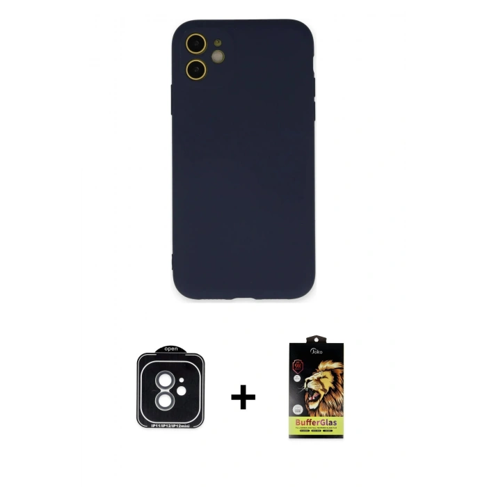 MARSİLYAN™- iPhone 11 Kılıf Ahenk Serisi - Siyah Buffer Cam Ekran Koruyucu + PVD Metal Kamera Lens - YL