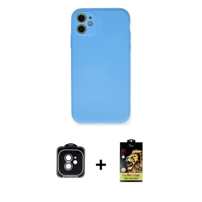 MARSİLYAN™- iPhone 11 Kılıf Ahenk Serisi - Siyah Buffer Cam Ekran Koruyucu + PVD Metal Kamera Lens - YL