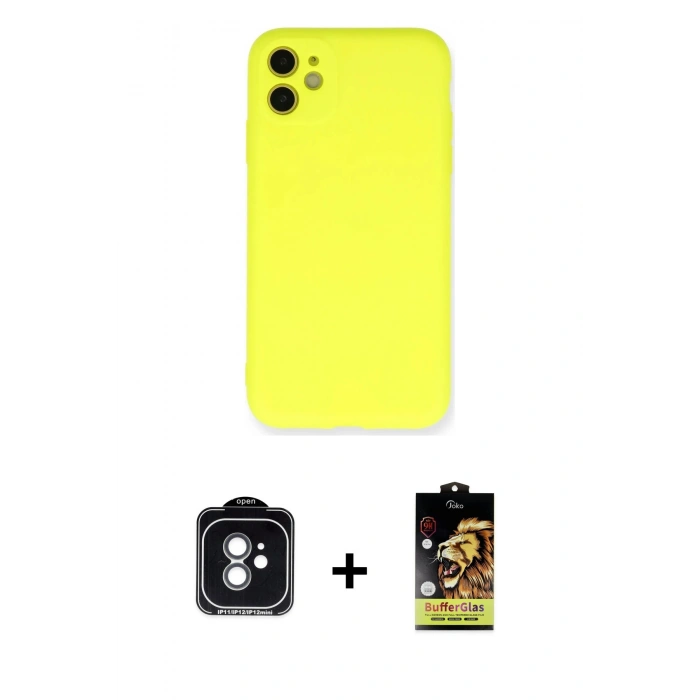 MARSİLYAN™- iPhone 11 Kılıf Ahenk Serisi - Siyah Buffer Cam Ekran Koruyucu + PVD Metal Kamera Lens - YL