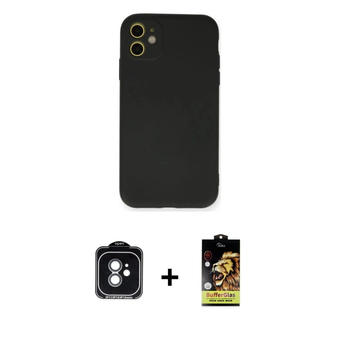 MARSİLYAN™- iPhone 11 Kılıf Ahenk Serisi - Siyah Buffer Cam Ekran Koruyucu + PVD Metal Kamera Lens - YL