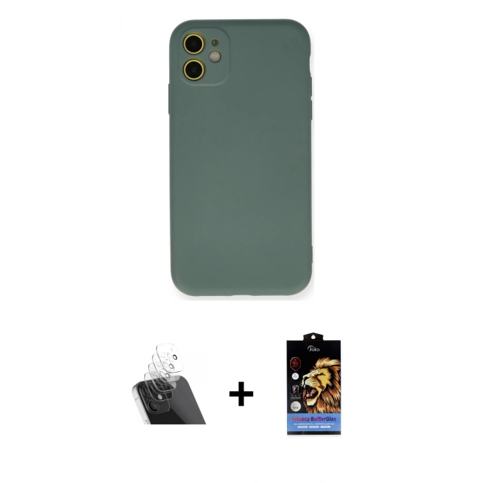 MARSİLYAN™- iPhone 11 Kılıf Ahenk Serisi - Siyah Buffer Hayalet Cam Ekran Koruyucu + Kamera Lens Koruma Cam - SF