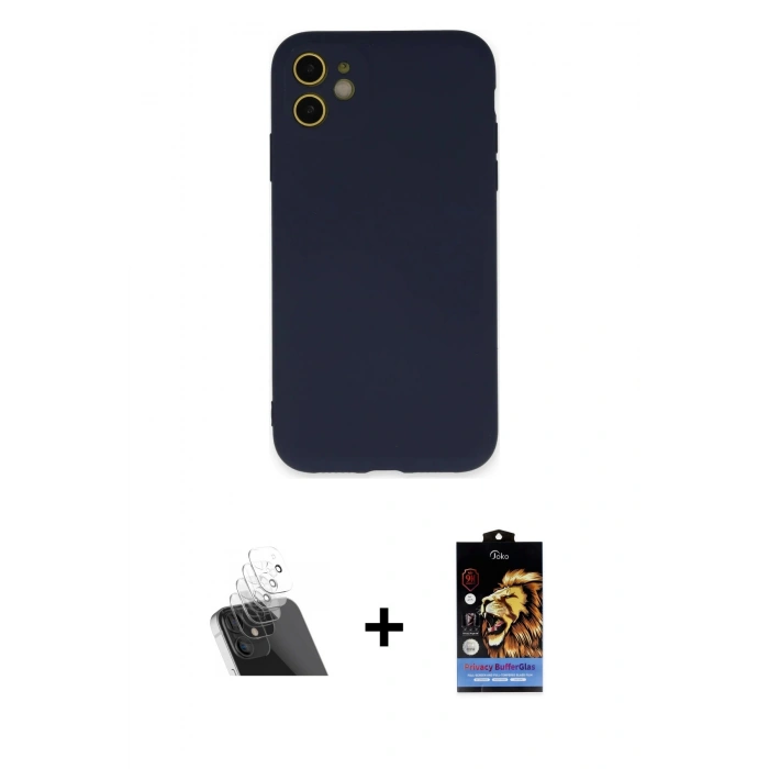 MARSİLYAN™- iPhone 11 Kılıf Ahenk Serisi - Siyah Buffer Hayalet Cam Ekran Koruyucu + Kamera Lens Koruma Cam - SF