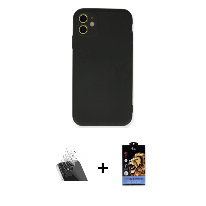 MARSİLYAN™- iPhone 11 Kılıf Ahenk Serisi - Siyah Buffer Hayalet Cam Ekran Koruyucu + Kamera Lens Koruma Cam - SF