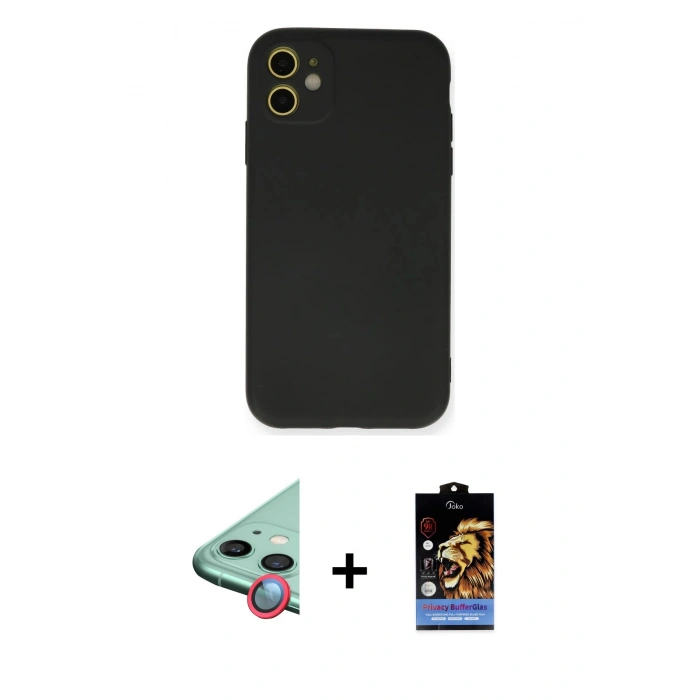 MARSİLYAN™- iPhone 11 Kılıf Ahenk Serisi - Siyah Buffer Hayalet Cam Ekran Koruyucu + Raze Metal Kamera Lens - KI