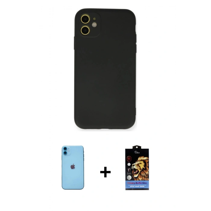 MARSİLYAN™- iPhone 11 Kılıf Ahenk Serisi - Siyah Buffer Hayalet Cam Ekran Koruyucu + Neon Fosforlu Kamera Lens - MI