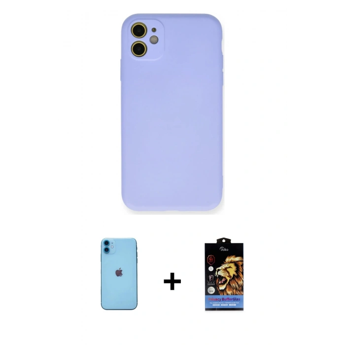 MARSİLYAN™- iPhone 11 Kılıf Ahenk Serisi - Siyah Buffer Hayalet Cam Ekran Koruyucu + Neon Fosforlu Kamera Lens - MI