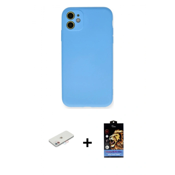 MARSİLYAN™- iPhone 11 Kılıf Ahenk Serisi - Siyah Buffer Hayalet Cam Ekran Koruyucu + Renkli Kamera Lens Koruma Cam - PE