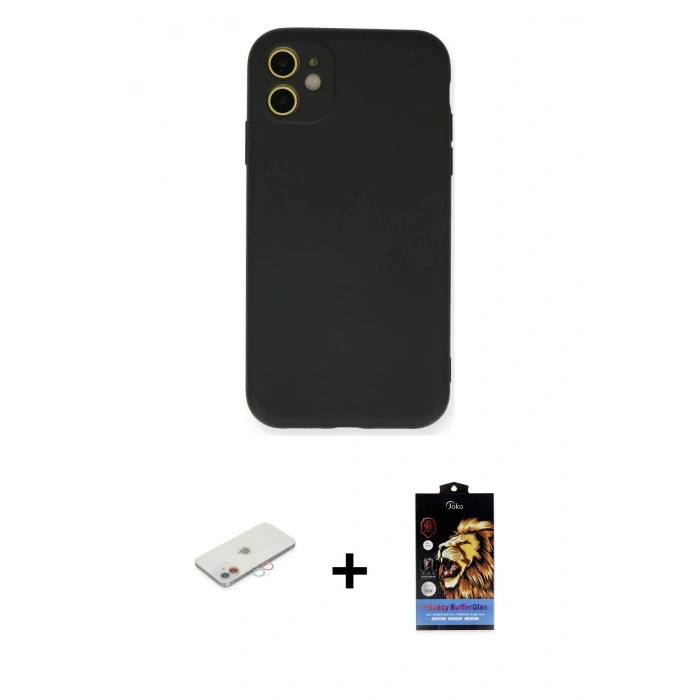 MARSİLYAN™- iPhone 11 Kılıf Ahenk Serisi - Siyah Buffer Hayalet Cam Ekran Koruyucu + Renkli Kamera Lens Koruma Cam - PE