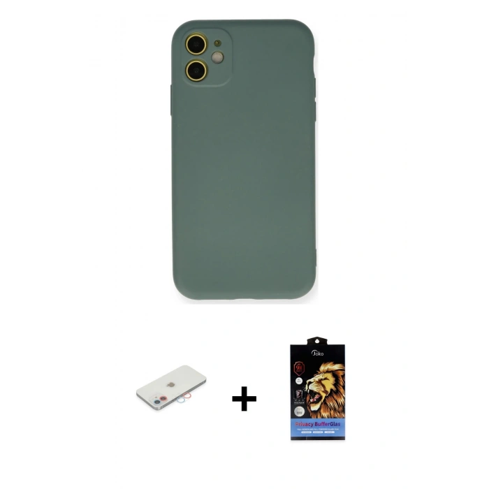 MARSİLYAN™- iPhone 11 Kılıf Ahenk Serisi - Siyah Buffer Hayalet Cam Ekran Koruyucu + Renkli Kamera Lens Koruma Cam - PE