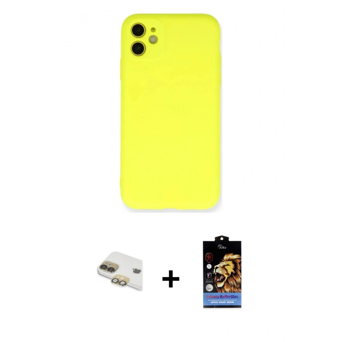 MARSİLYAN™- iPhone 11 Kılıf Ahenk Serisi - Siyah Buffer Hayalet Cam Ekran Koruyucu + Pers Alüminyum Kamera Lens - GD