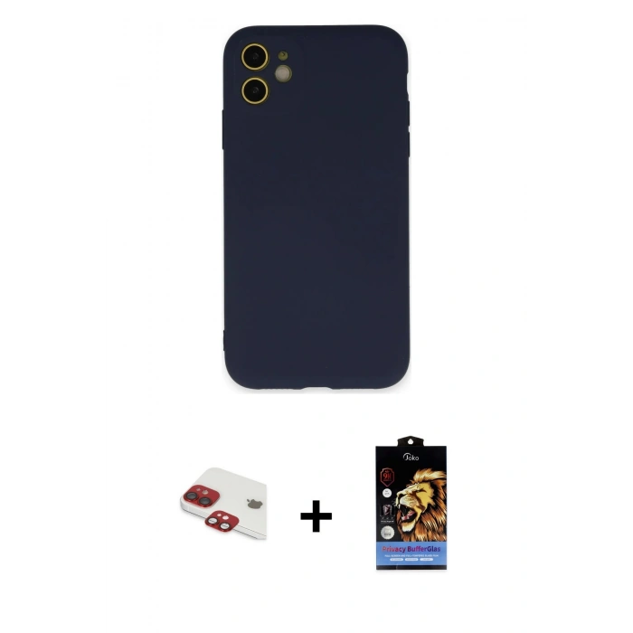 MARSİLYAN™- iPhone 11 Kılıf Ahenk Serisi - Siyah Buffer Hayalet Cam Ekran Koruyucu + Pers Alüminyum Kamera Lens - KI