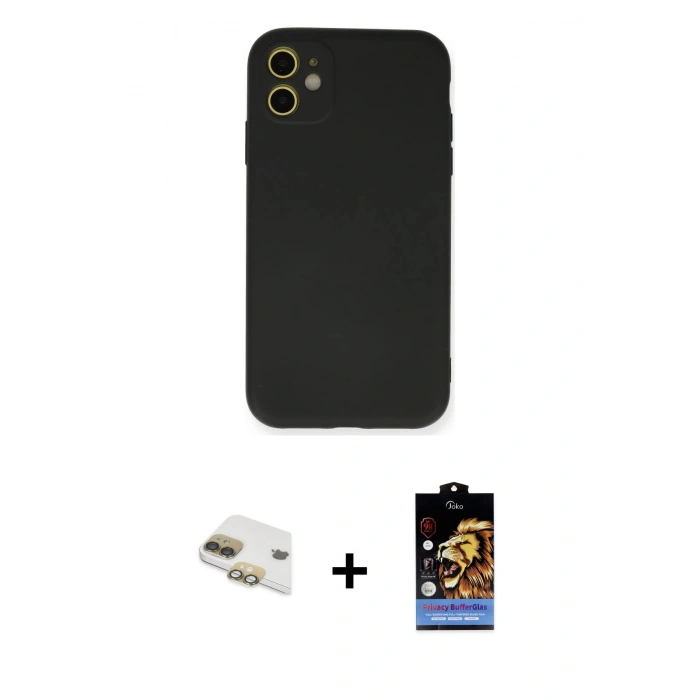 MARSİLYAN™- iPhone 11 Kılıf Ahenk Serisi - Siyah Buffer Hayalet Cam Ekran Koruyucu + Pers Alüminyum Kamera Lens - GD