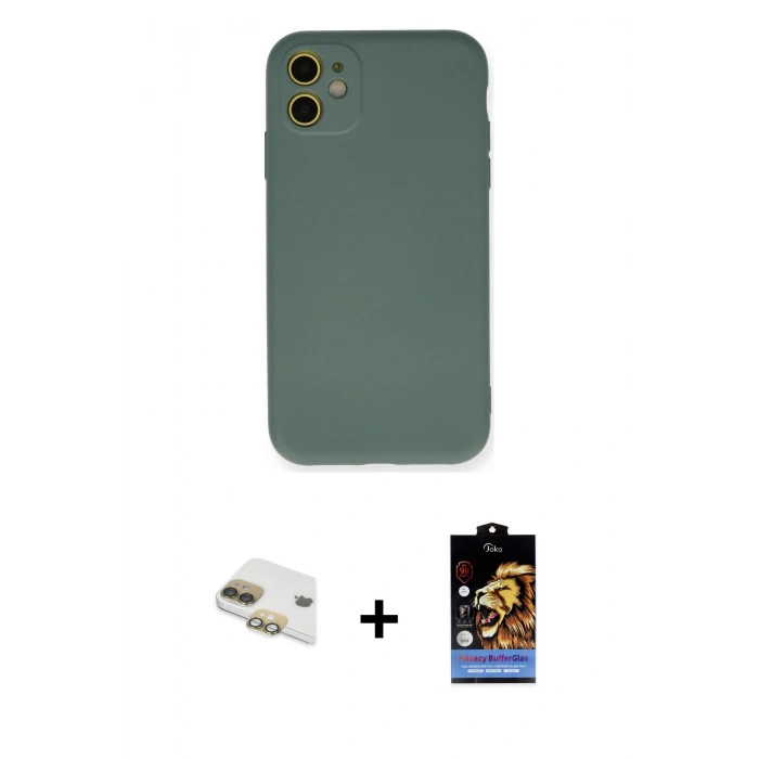 MARSİLYAN™- iPhone 11 Kılıf Ahenk Serisi - Siyah Buffer Hayalet Cam Ekran Koruyucu + Pers Alüminyum Kamera Lens - GD