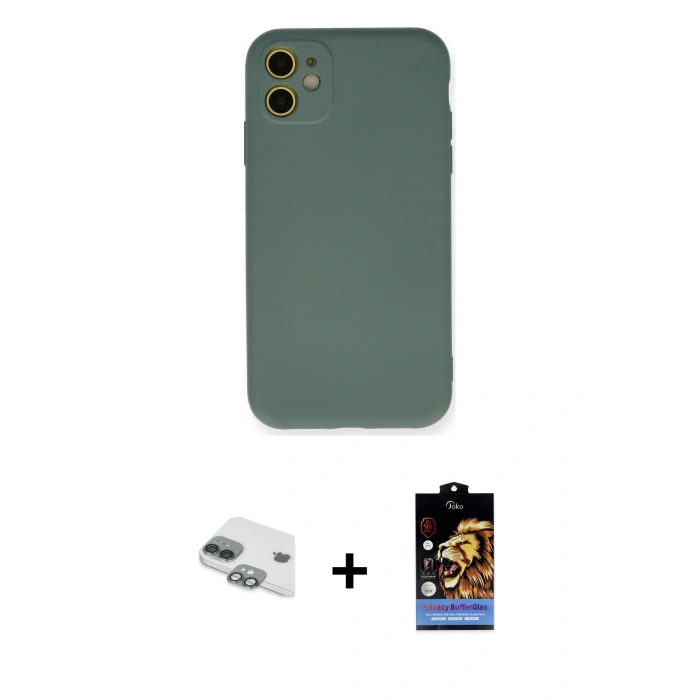 MARSİLYAN™- iPhone 11 Kılıf Ahenk Serisi - Siyah Buffer Hayalet Cam Ekran Koruyucu + Pers Alüminyum Kamera Lens - YL