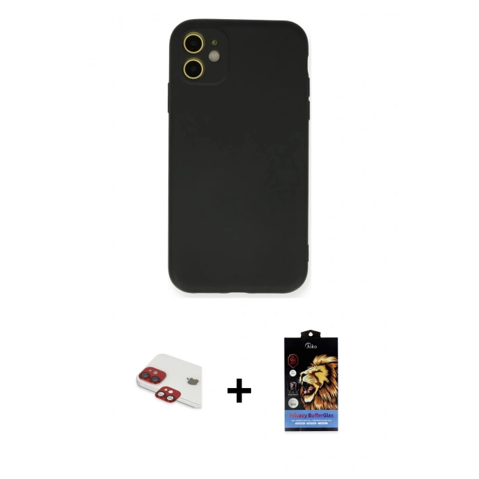 MARSİLYAN™- iPhone 11 Kılıf Ahenk Serisi - Siyah Buffer Hayalet Cam Ekran Koruyucu + Pers Alüminyum Kamera Lens - KI