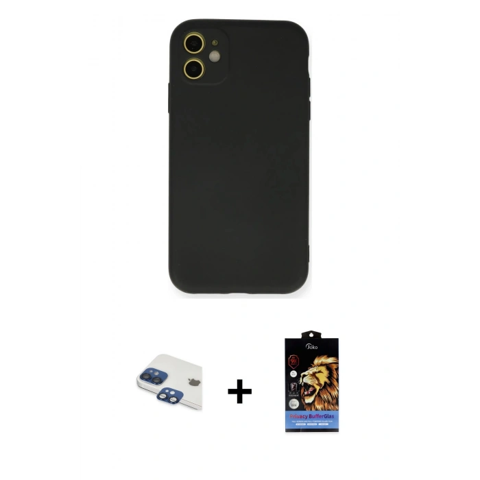 MARSİLYAN™- iPhone 11 Kılıf Ahenk Serisi - Siyah Buffer Hayalet Cam Ekran Koruyucu + Pers Alüminyum Kamera Lens - LT