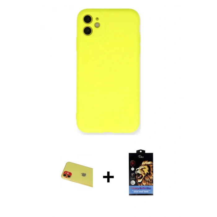 MARSİLYAN™- iPhone 11 Kılıf Ahenk Serisi - Siyah Buffer Hayalet Cam Ekran Koruyucu + Rainbow Kamera Lens Koruma Cam - KI