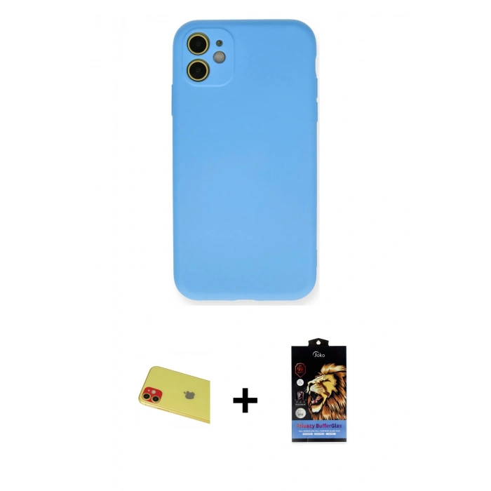 MARSİLYAN™- iPhone 11 Kılıf Ahenk Serisi - Siyah Buffer Hayalet Cam Ekran Koruyucu + Rainbow Kamera Lens Koruma Cam - KI