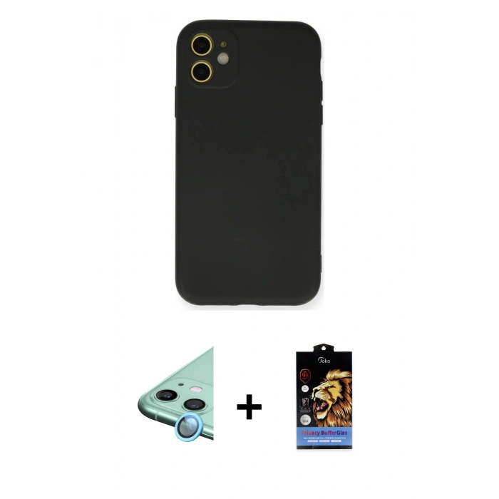 MARSİLYAN™- iPhone 11 Kılıf Ahenk Serisi - Siyah Buffer Hayalet Cam Ekran Koruyucu + Raze Metal Kamera Lens - MI