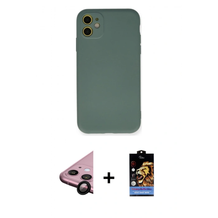 MARSİLYAN™- iPhone 11 Kılıf Ahenk Serisi - Siyah Buffer Hayalet Cam Ekran Koruyucu + Raze Metal Kamera Lens - SH