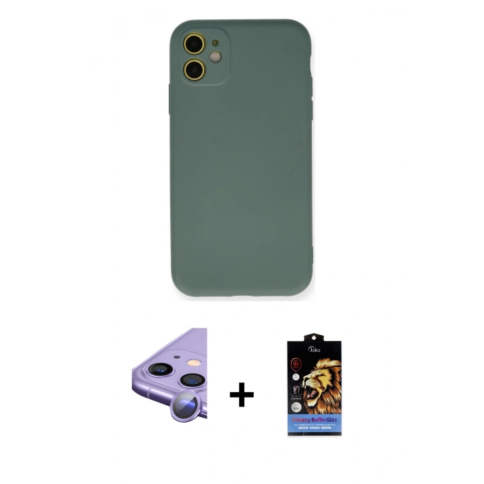 MARSİLYAN™- iPhone 11 Kılıf Ahenk Serisi - Siyah Buffer Hayalet Cam Ekran Koruyucu + Raze Metal Kamera Lens - MR