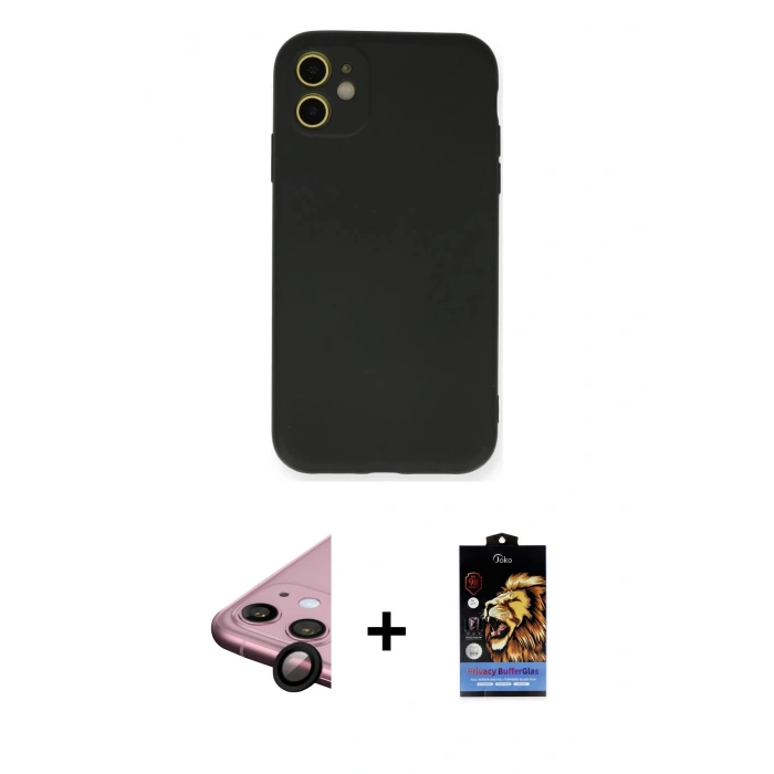 MARSİLYAN™- iPhone 11 Kılıf Ahenk Serisi - Siyah Buffer Hayalet Cam Ekran Koruyucu + Raze Metal Kamera Lens - SH