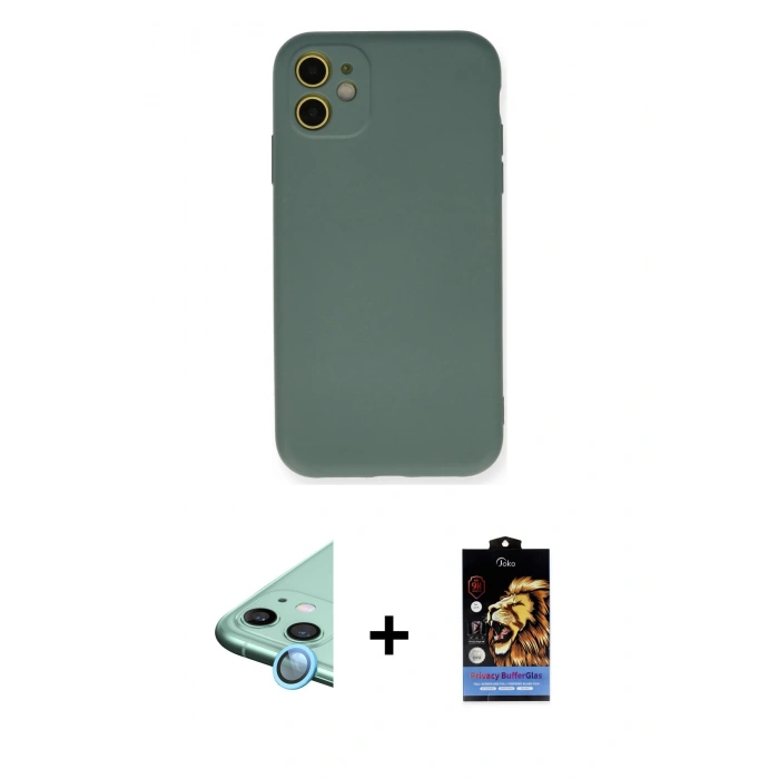MARSİLYAN™- iPhone 11 Kılıf Ahenk Serisi - Siyah Buffer Hayalet Cam Ekran Koruyucu + Raze Metal Kamera Lens - MI
