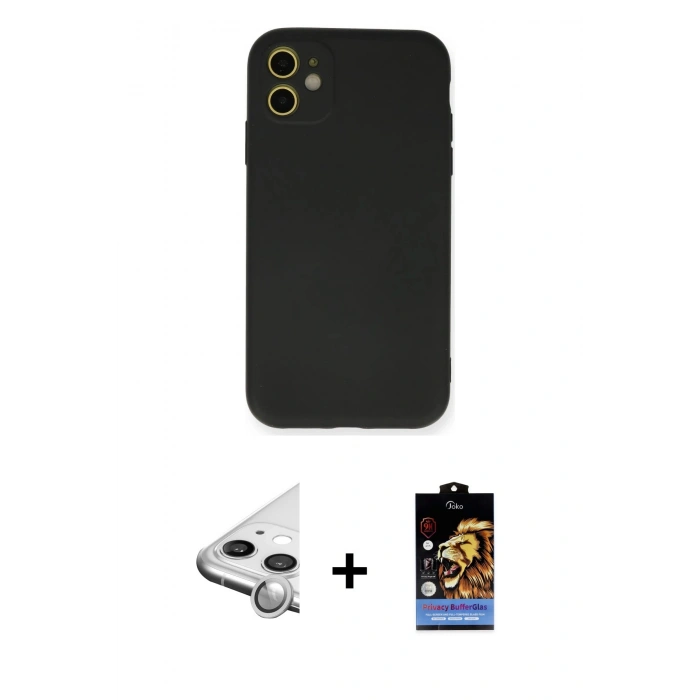 MARSİLYAN™- iPhone 11 Kılıf Ahenk Serisi - Siyah Buffer Hayalet Cam Ekran Koruyucu + Raze Metal Kamera Lens - GS