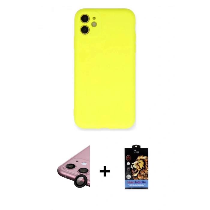 MARSİLYAN™- iPhone 11 Kılıf Ahenk Serisi - Siyah Buffer Hayalet Cam Ekran Koruyucu + Raze Metal Kamera Lens - SH