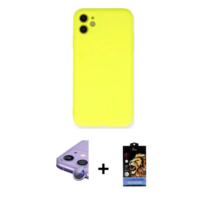 MARSİLYAN™- iPhone 11 Kılıf Ahenk Serisi - Siyah Buffer Hayalet Cam Ekran Koruyucu + Raze Metal Kamera Lens - MR
