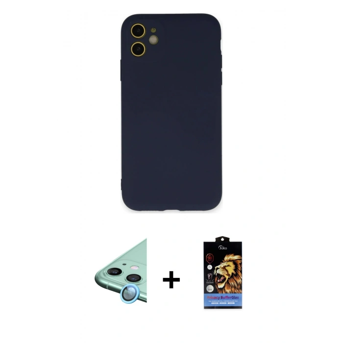 MARSİLYAN™- iPhone 11 Kılıf Ahenk Serisi - Siyah Buffer Hayalet Cam Ekran Koruyucu + Raze Metal Kamera Lens - MI