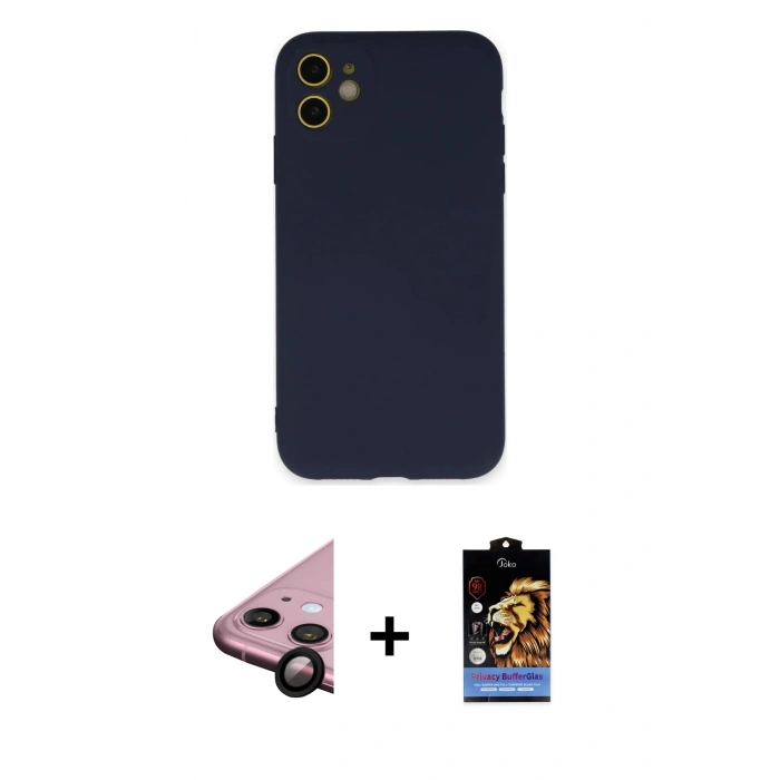 MARSİLYAN™- iPhone 11 Kılıf Ahenk Serisi - Siyah Buffer Hayalet Cam Ekran Koruyucu + Raze Metal Kamera Lens - SH