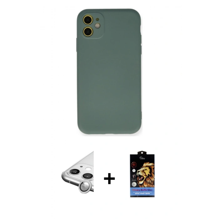 MARSİLYAN™- iPhone 11 Kılıf Ahenk Serisi - Siyah Buffer Hayalet Cam Ekran Koruyucu + Raze Metal Kamera Lens - GS