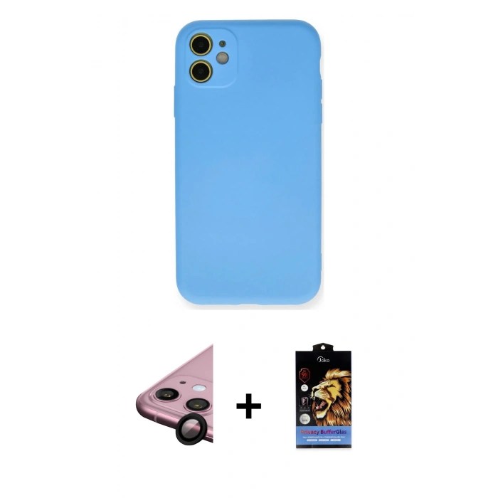 MARSİLYAN™- iPhone 11 Kılıf Ahenk Serisi - Siyah Buffer Hayalet Cam Ekran Koruyucu + Raze Metal Kamera Lens - SH