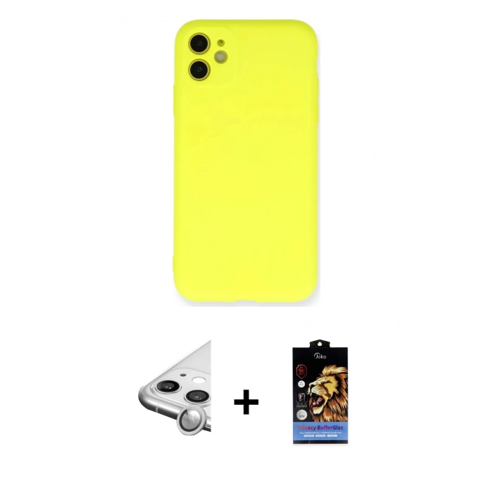 MARSİLYAN™- iPhone 11 Kılıf Ahenk Serisi - Siyah Buffer Hayalet Cam Ekran Koruyucu + Raze Metal Kamera Lens - GS